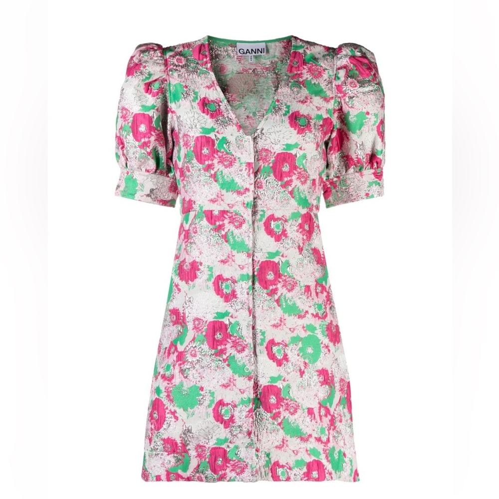 GANNI 3D Floral Button Down Jacquard Mini Dress